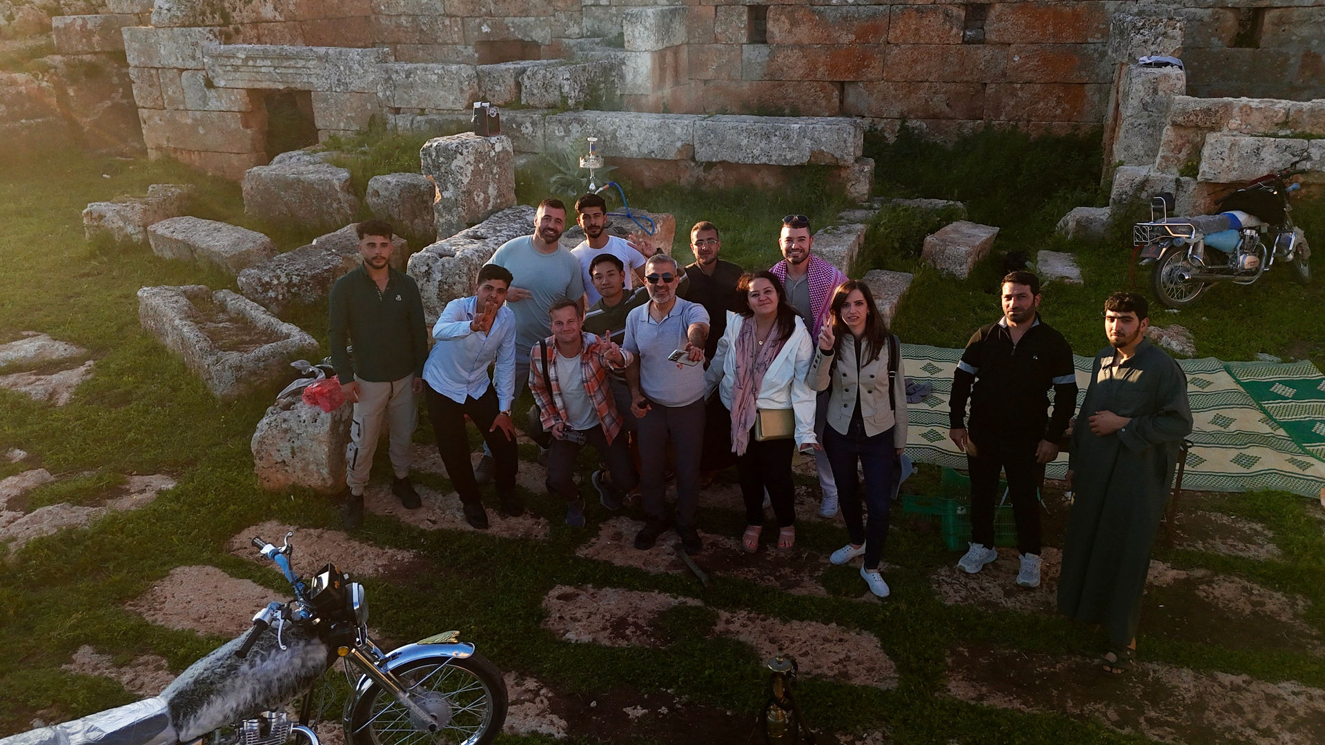 Drone photo of the group among ancient ruins
